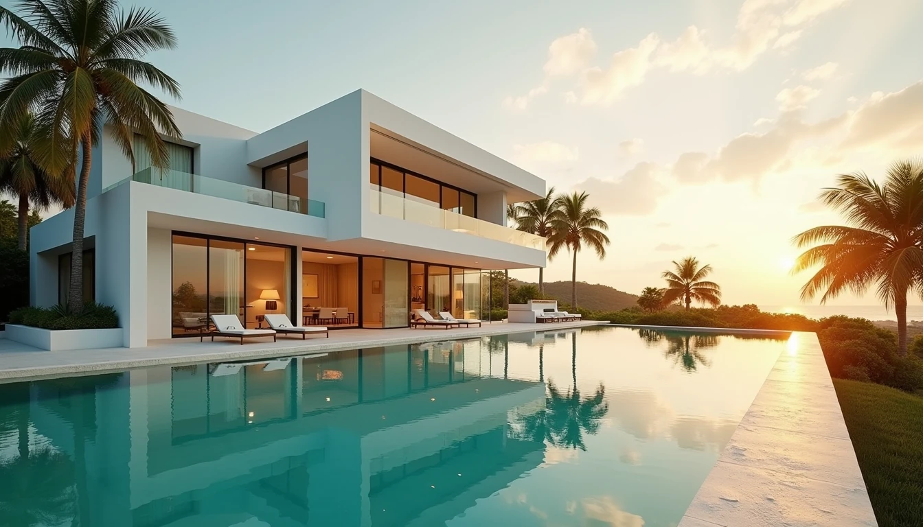 Villa con piscina infinita al atardecer en República Dominicana